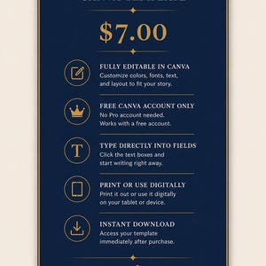 Peut inclure: Un mod&egrave;le Canva rectangulaire bleu fonc&eacute; avec du texte et des ic&ocirc;nes dor&eacute;s. Il pr&eacute;sente les titres : CANVA TEMPLATE, FULLY EDITABLE IN CANVA, FREE CANVA ACCOUNT ONLY, TYPE DIRECTLY INTO FIELDS, PRINT OR USE DIGITALLY, INSTANT DOWNLOAD, THE STORY FORGE.