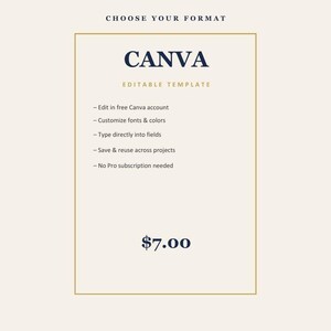 May include: A rectangular Canva editable template with a gold border on a cream background. Text includes CHOOSE YOUR FORMAT, CANVA, EDITABLE TEMPLATE, and a list of features: Edit in free Canva account, Customize fonts & colors, Type directly into fields, Save & reuse across projects, No Pro subscription needed, and $7.00.