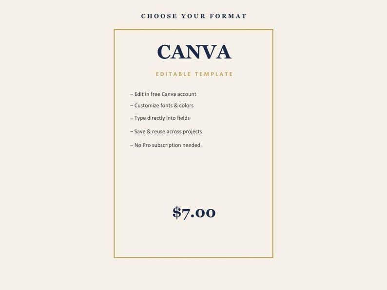 May include: A rectangular Canva editable template with a gold border on a cream background. Text includes CHOOSE YOUR FORMAT, CANVA, EDITABLE TEMPLATE, and a list of features: Edit in free Canva account, Customize fonts & colors, Type directly into fields, Save & reuse across projects, No Pro subscription needed, and $7.00.