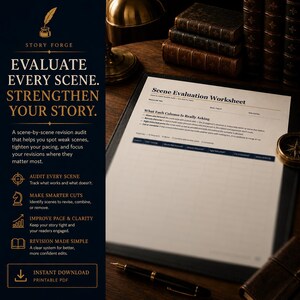 May include: A Scene Evaluation Worksheet printed on white paper with a dark blue header and grid. The text includes 'STORY FORGE', 'EVALUATE EVERY SCENE', and 'STRENGTHEN YOUR STORY'. The document features a table with columns for scene analysis.