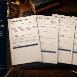 May include: A set of printed Setting Reference Sheet documents with fields for location name, description, and index. The text includes 'Everything you need to track your story's most important places' and '8.5" x 11" US Letter' on a dark sidebar.
