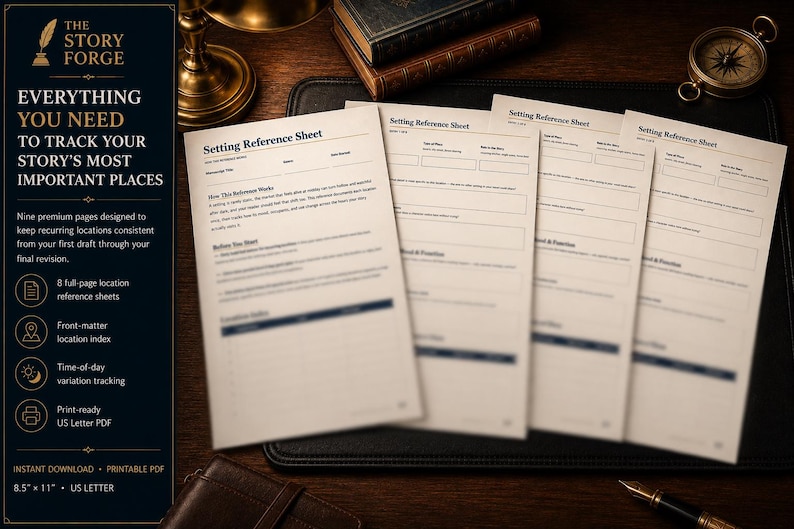 May include: A set of printed Setting Reference Sheet documents with fields for location name, description, and index. The text includes 'Everything you need to track your story's most important places' and '8.5" x 11" US Letter' on a dark sidebar.