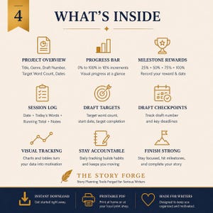Peut inclure: Une fiche d'information num&eacute;rique intitul&eacute;e WHAT'S INSIDE avec des ic&ocirc;nes et du texte dor&eacute;s. Les sections incluent Project Overview, Progress Bar, Milestone Rewards, Session Log, Draft Targets, Draft Checkpoints, Visual Tracking, Stay Accountable et Finish Strong.