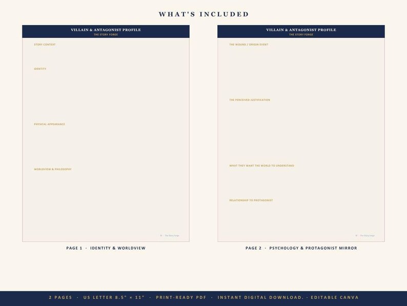 May include: Two pages of a Villain & Antagonist Profile template with a dark blue header and gold text. Page 1 includes sections for Story Context, Identity, Physical Appearance, and Worldview & Philosophy. Page 2 includes The Wound, Perceived Justification, What They Want the World to Understand, and Relationship to Protagonist. The document is 8.5 inches by 11 inches.