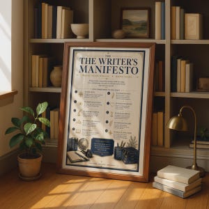 May include: A framed poster titled The Writer's Manifesto with a cream background and dark blue text. It features ten numbered points about writing, decorative icons, and illustrations of books, a globe, an inkwell, and a pen holder at the bottom.