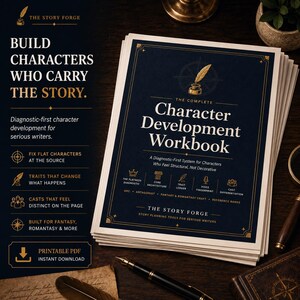 Puede incluir: Una pila de hojas de papel blanco con una cubierta azul oscuro titulada The Complete Character Development Workbook. La cubierta incluye texto dorado, un icono de pluma y tintero, y un diseño de brújula. El texto enumera herramientas de diagnóstico.