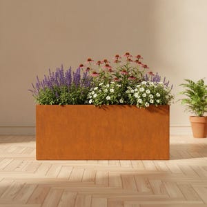 Rectangular Outdoor Planter Box, Rust Brown Garden Planter, Patio Flower Bed, Terrace Balcony Planting, Modern Garden Decor, Housewarming Gi