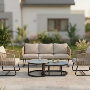 Outdoor Sofa Set | 5-Piece Patio Furniture | 3-Seater Couch + 2 Chairs + Coffee Tables | Garden Lounge | Modern Outdoor Seating