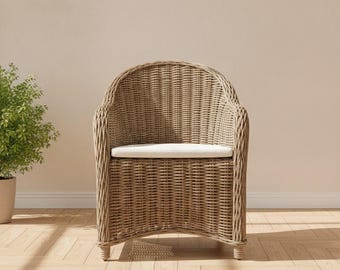 Wicker Armchair with Cushion, Natural Tone Garden Chair, Outdoor Patio Seating, Bohemian Terrace Furniture, Housewarming Gift Idea