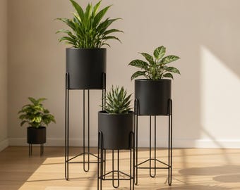 Set of Three Black Plant Stands with Pots Indoor Planter Set Modern Home Decor Living Room Office Gift