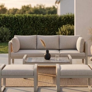 Gartenmöbel-Set | 4-teilige Terrassenmöbel | 3-Sitzer-Sofa + 2 Hocker + Couchtisch | Gartenlounge | Moderne Sitzmöbel für draußen