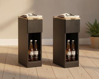 Set of Two Narrow Bedside Tables with Drawer and Open Shelf Black and Natural Modern Slim Sofa Side End Tables Living Room Bedroom
