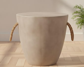 Runder Beistelltisch mit Seilgriffen, taupegrau, Boho-Stil, für Terrasse, Wohnzimmer, Einzugsgeschenk