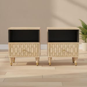 Set of Two Nightstands Boho Chic Bedside Tables Light Natural Tan Gold Open Shelf Bedroom Furniture Pair Modern Style