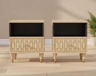 Set of Two Nightstands Boho Chic Bedside Tables Light Natural Tan Gold Open Shelf Bedroom Furniture Pair Modern Style