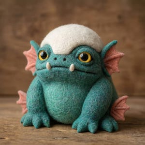 May include: A needle-felted creature figurine with a teal body, a white rounded top, and large yellow eyes. It features two small white fangs, pink fan-shaped fins on the sides of its head, and smaller pink fins on its lower body and limbs.