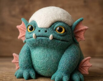 手作りのニードルフェルト製ゴブリン、緑色のウール製沼地の怪物フィギュア、風変わりなファンタジー装飾