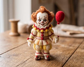 Handmade Felt Clown Doll, Scary Circus Horror Sculpture, Dark Gothic Halloween Home Decor.