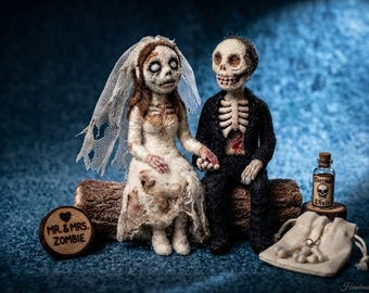 ニードルフェルト製ゾンビ花嫁＆骸骨花婿｜ゴシックウェディングカップル｜手作りホラーコレクターズアイテム