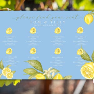 Italian inspiration Seating plan template. Overseas wedding stationary. Lemons and stripes.