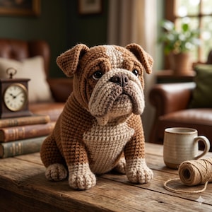 Könnte beinhalten: Eine gehäkelte Bulldoggen-Figur in braunem und cremefarbenem Garn. Das Stofftier hat ein faltiges Gesicht, dunkle Augen und eine strukturierte Strickoberfläche und sitzt mit den Vorderpfoten auf der Oberfläche.