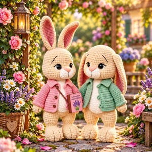Könnte beinhalten: Zwei beige Häkelhasen-Puppen stehen nebeneinander. Der linke Hase trägt eine rosa Jacke und trägt ein kleines Buch mit dem Titel Lavandula angustifolia. Der rechte Hase trägt eine hellgrüne Jacke. Beide haben große Augen und lange Ohren.