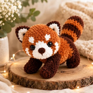 Könnte beinhalten: Ein gehäkeltes rotes Panda-Stofftier aus weichem, strukturiertem Garn in Rostorange, Dunkelbraun und Weiß. Das Kuscheltier hat große schwarze Sicherheitsaugen, eine dunkelbraune Nase, einen gestreiften Schwanz und abgerundete Ohren.