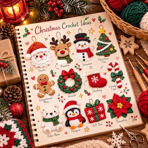 Könnte beinhalten: Ein spiralgebundenes Notizbuch mit dem Titel Christmas Crochet Ideas, das Illustrationen von gehäkelten Ornamenten zeigt, darunter Weihnachtsmann, Rentier, Schneemann, Weihnachtsbaum, Lebkuchenmann, Kranz, Socke, Zuckerstange, Eisbär, Pinguin, Geschenkbox und Weihnachtsstern.