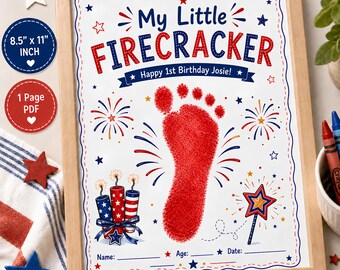 My Little Firecracker 1st Birthday Footprint Art, Patriotic Baby Keepsake Printable, Personalized July Birthday PDF