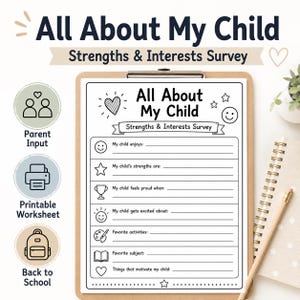 Alles über mein Kind Elternfragebogen zum ausdrucken, Stärken und Interessen Überblick, Back to School Elternformular PDF