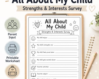 All About My Child Parent Questionnaire Printable, Strengths and Interests Survey, Back to School Parent Form PDF