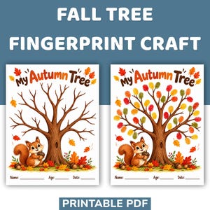 Może przedstawiać: Dwa arkusze do druku z napisami FALL TREE FINGERPRINT CRAFT oraz MY AUTUMN TREE. Każdy arkusz przedstawia brązowy pień drzewa, wiewiórkę z żołędziem i opadające liście. Jedno drzewo jest puste, drugie ma liście z odcisków palców.