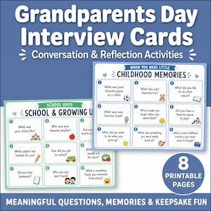 May include: Grandparents Day Interview Cards featuring two printable sheets with numbered questions about childhood memories and school days. The cards include colourful icons like a schoolhouse, apple, bus, and camera, with 8 printable pages total.