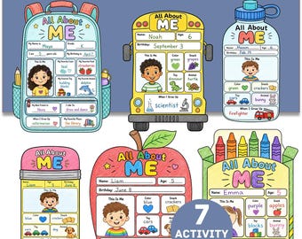 All About Me Printable Bundle, Back to School Activity Worksheets, Student Info Sheet, First Day of School Coloring Pages