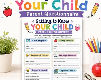 Getting to Know Your Child Parent Questionnaire Printable, Back to School Parent Form, Student Info Sheet PDF