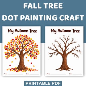 Könnte beinhalten: Ein druckbares PDF mit dem Titel FALL TREE DOT PAINTING CRAFT, das zwei Blätter mit der Aufschrift My Autumn Tree enthält. Ein Blatt zeigt einen braunen Baumstamm mit roten, orangen und gelben Punktblättern, das andere einen kahlen braunen Baumstamm.