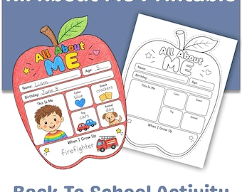 All About Me Apple Printable Back to School Worksheet, First Day of School Student Activity, Preschool Kindergarten About Me Craft