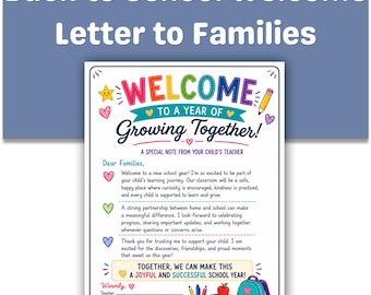 Back to School Welcome Letter to Families Printable, Teacher Parent Communication Handout, First Day Classroom Note