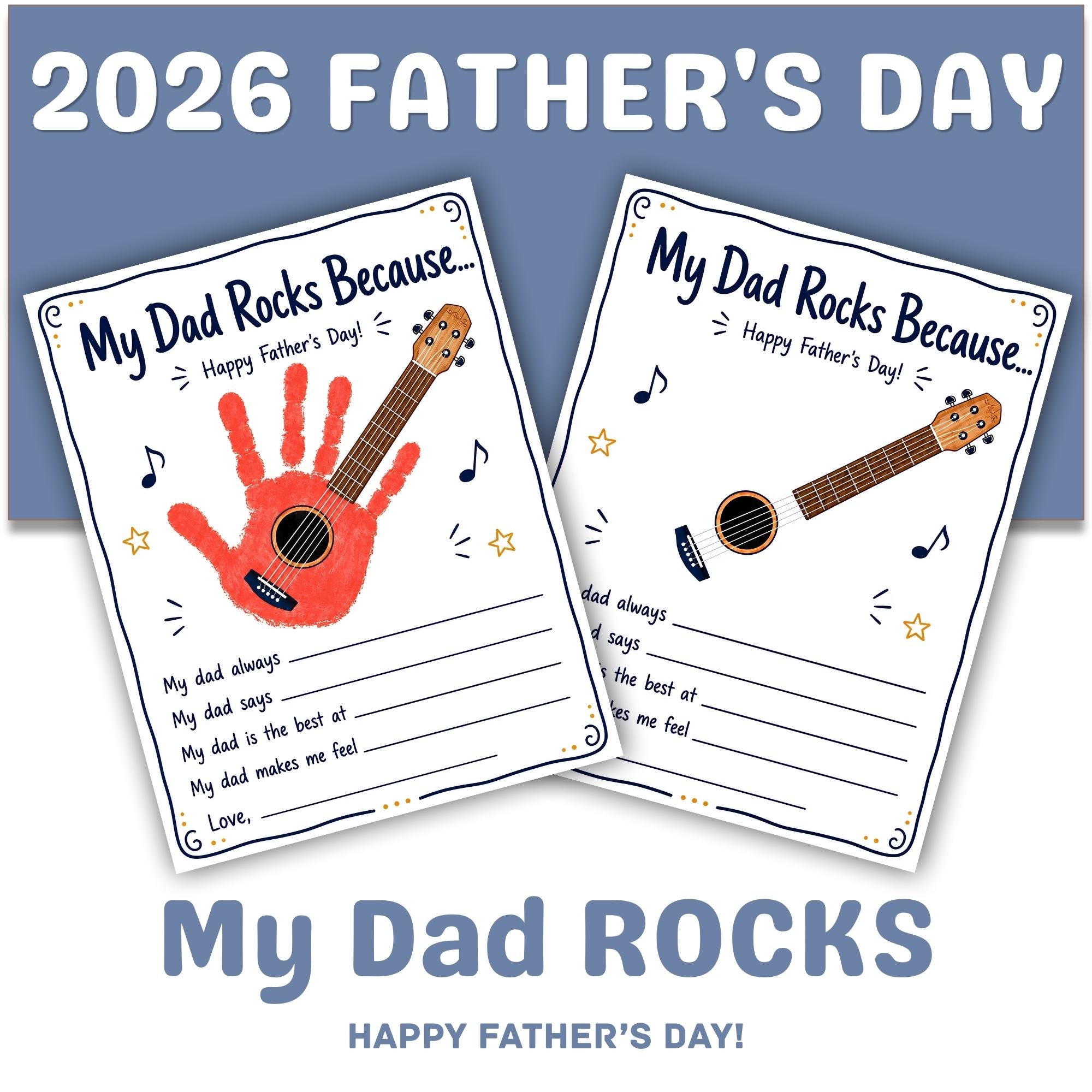 My Dad Rocks Because Printable, Guitar Handprint Craft, Father's Day…
