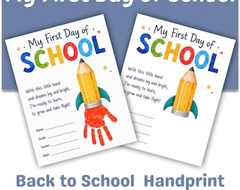First Day of School Handprint Craft Printable, Back to School Pencil Keepsake, Preschool Kindergarten Memory Activity
