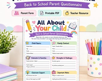 All About Your Child Parent Questionnaire Printable, Back to School Parent Form, Student Info Sheet, Teacher Resource