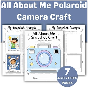 Peut inclure: Un ensemble d'activités imprimables All About Me Polaroid Camera Craft comprenant des pages avec My Snapshot Prompts, une illustration centrale d'appareil photo avec des zones à colorier et des cadres vides, incluant un badge 7 activities pages.