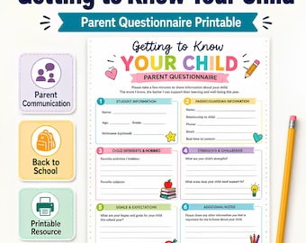 Getting to Know Your Child Parent Questionnaire Printable, Back to School Parent Survey, Meet the Teacher Student Info Form
