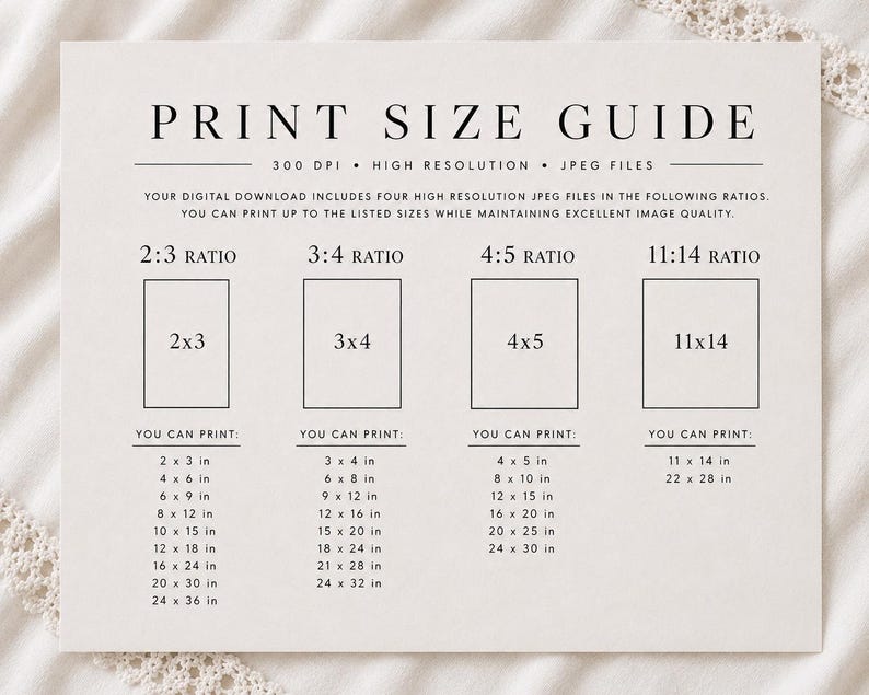 May include: A beige print size guide with black text detailing 300 DPI high resolution JPEG files. It lists four aspect ratios: 2:3, 3:4, 4:5, and 11:14, with corresponding printable dimensions in inches for each ratio to maintain image quality.