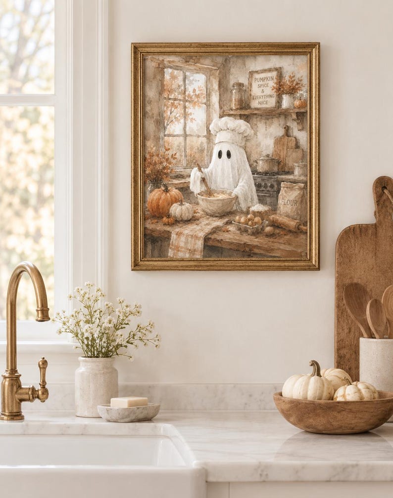 May include: A framed wall art print depicting a ghost wearing a chef hat and mixing ingredients in a bowl within a rustic kitchen. The scene includes pumpkins, a bag of flour, and a sign on the wall that reads Pumpkin Spice & Everything Nice.