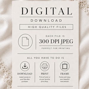 May include: A white informational card with black text and line icons. The text reads: DIGITAL DOWNLOAD, HIGH QUALITY FILES, EACH FILE IS 300 DPI JPEG, ALL YOU HAVE TO DO IS, DOWNLOAD, PRINT, FRAME, and descriptive text explaining the process.