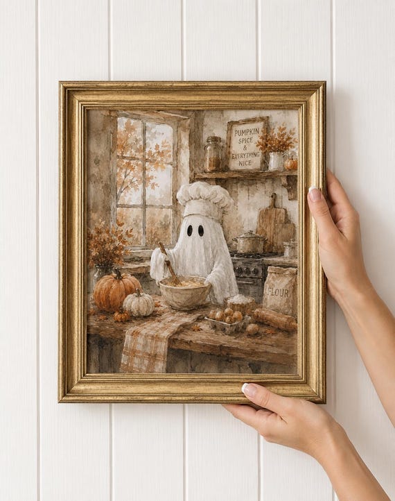 Ghost Chef Kitchen Wall Art Print | Vintage Halloween Decor | Cozy Fall Kitchen Artwork | Pumpkin Spice Farmhouse Wall Decor