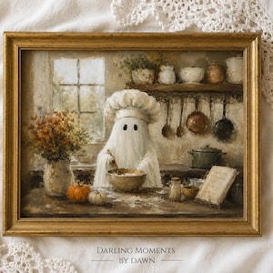 May include: A framed oil painting depicting a ghost wearing a chef hat and mixing ingredients in a bowl on a kitchen counter. The scene includes a window, a vase of flowers, pumpkins, hanging copper cookware, and an open cookbook on a table.