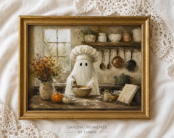May include: A framed oil painting depicting a ghost wearing a chef hat and mixing ingredients in a bowl on a kitchen counter. The scene includes a window, a vase of flowers, pumpkins, hanging copper cookware, and an open cookbook on a table.