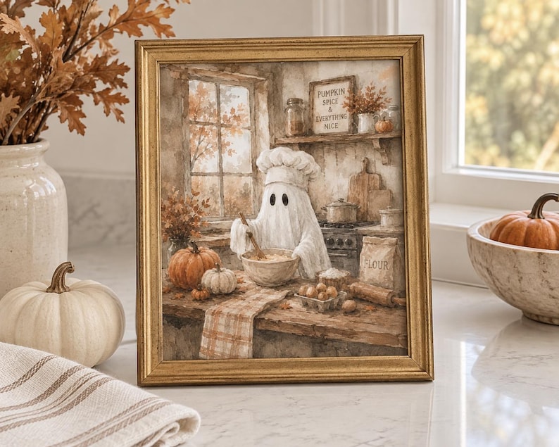 May include: A framed wall art print featuring a ghost wearing a chef hat and mixing ingredients in a bowl. The kitchen scene includes pumpkins, a bag of flour, and a sign that reads PUMPKIN SPICE & EVERYTHING NICE in a warm, autumnal color palette.